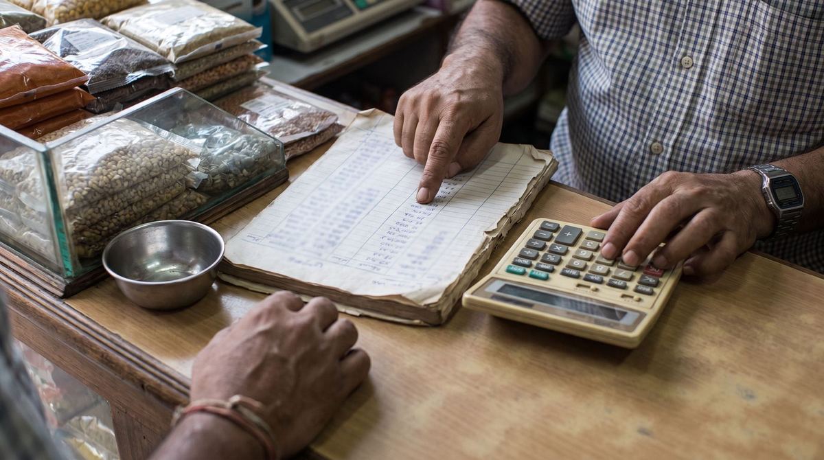 A shopkeeper adding up a khata page on a calculator