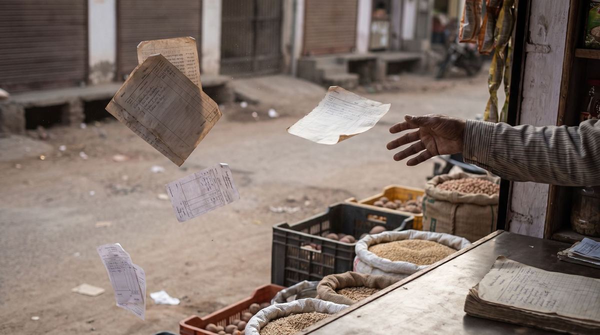 Khata pages and bill slips blowing away from a shop counter