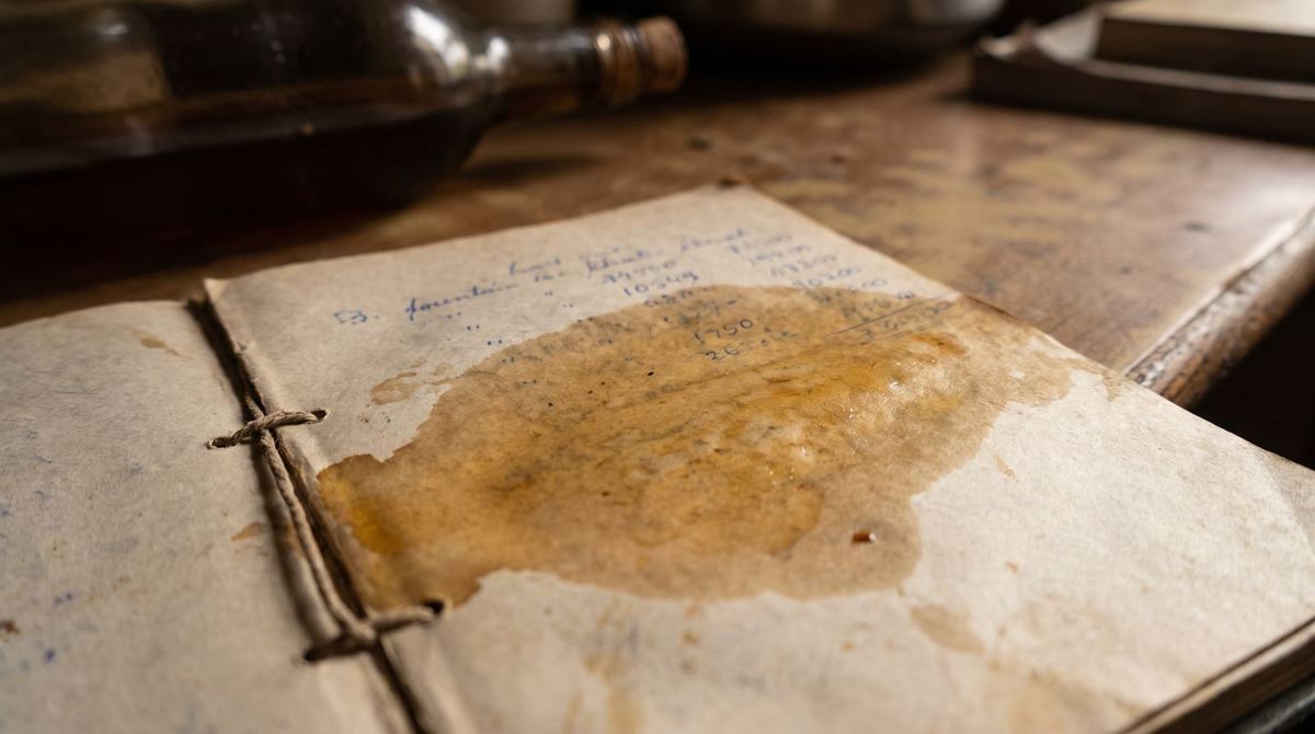 An oil stain soaked into an open khata book